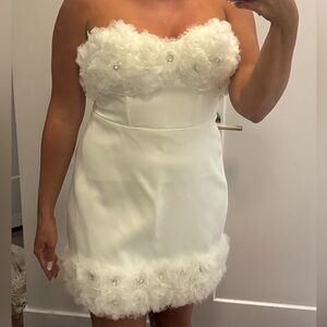 Strapless satin flower appliqué dress